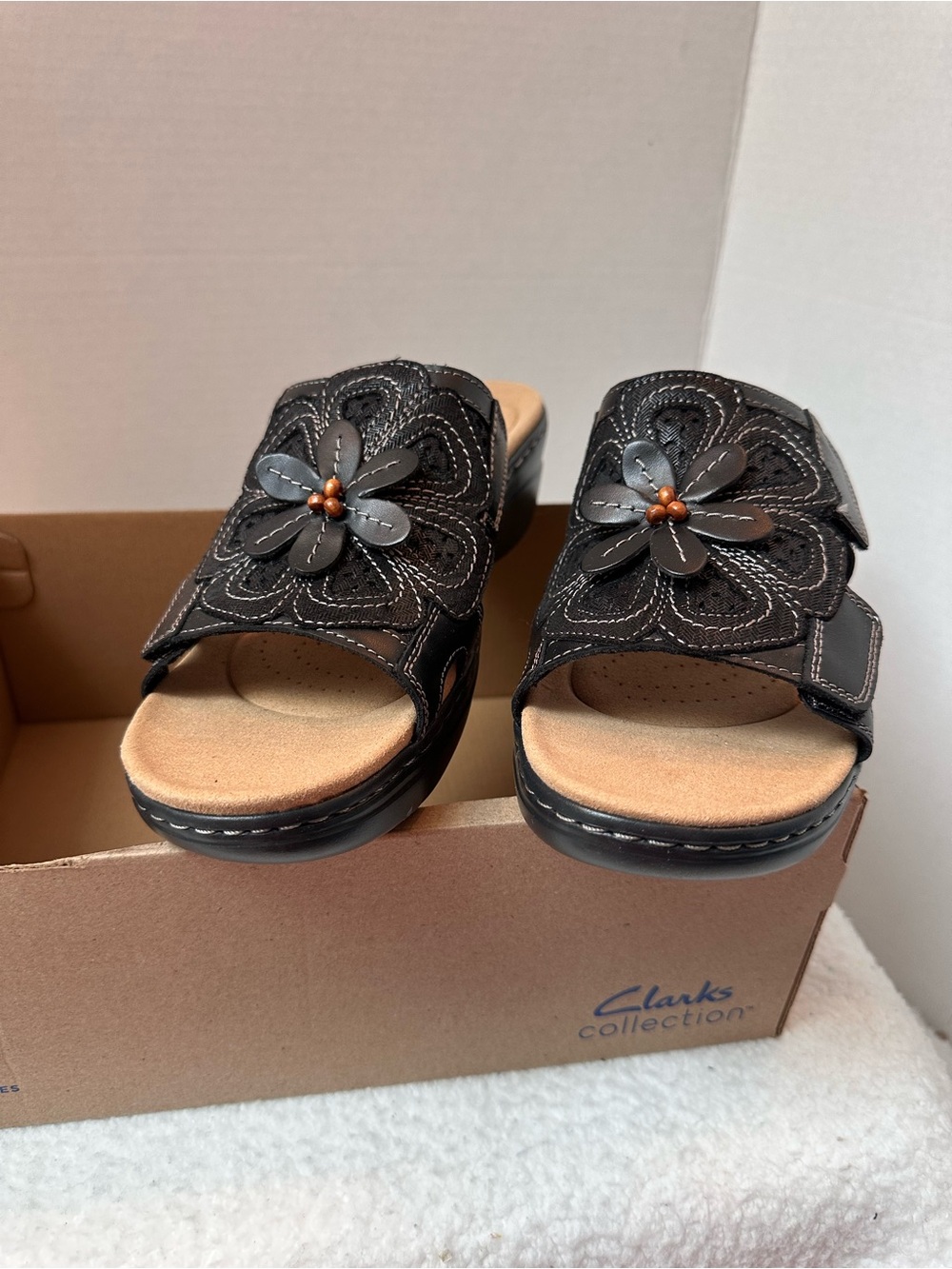 Clarks Black Floral Appliqué Slide Sandals